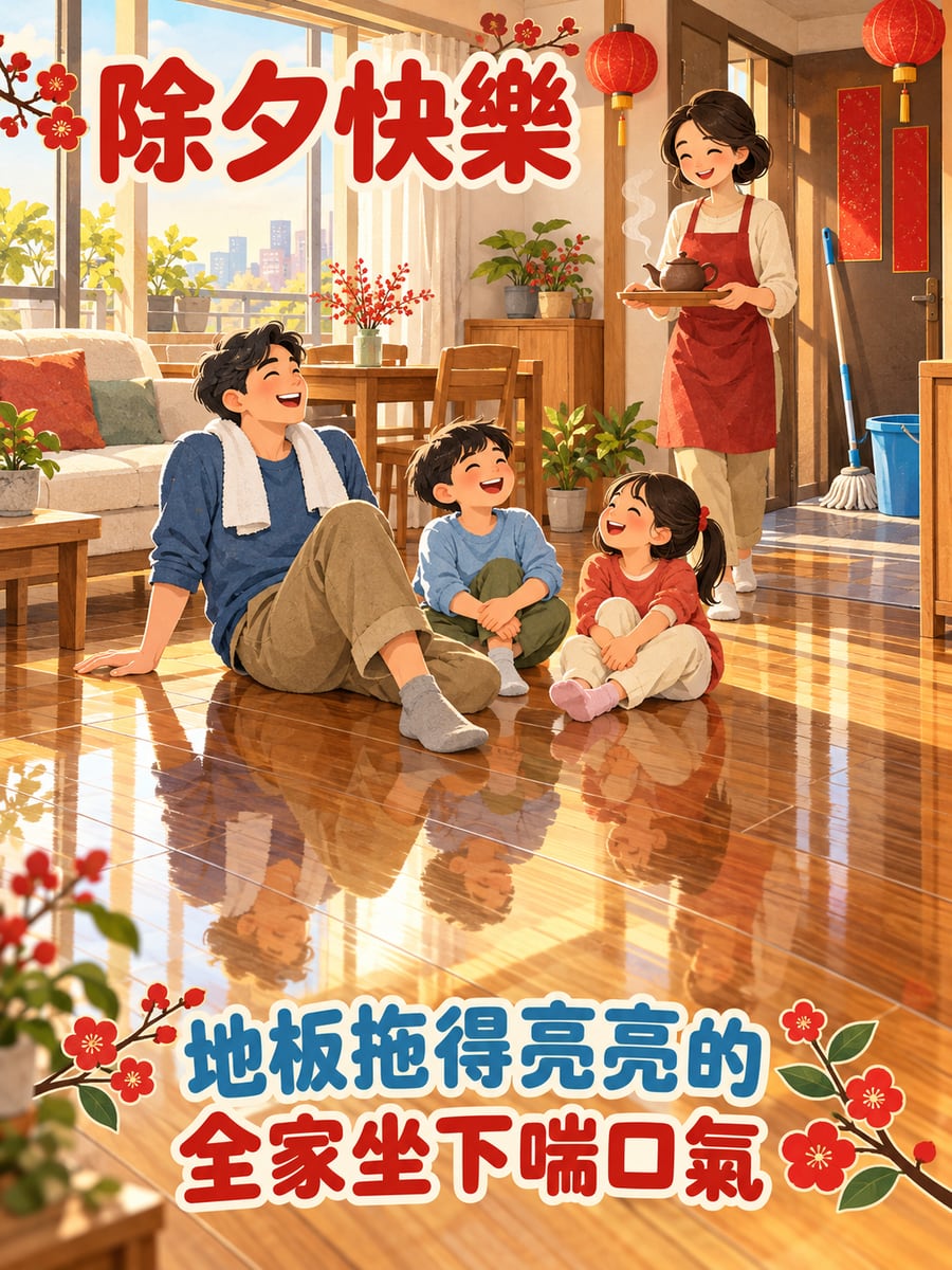 大掃除後坐下喘口氣。圖中文字：除夕快樂，地板拖得亮亮的，全家坐下喘口氣