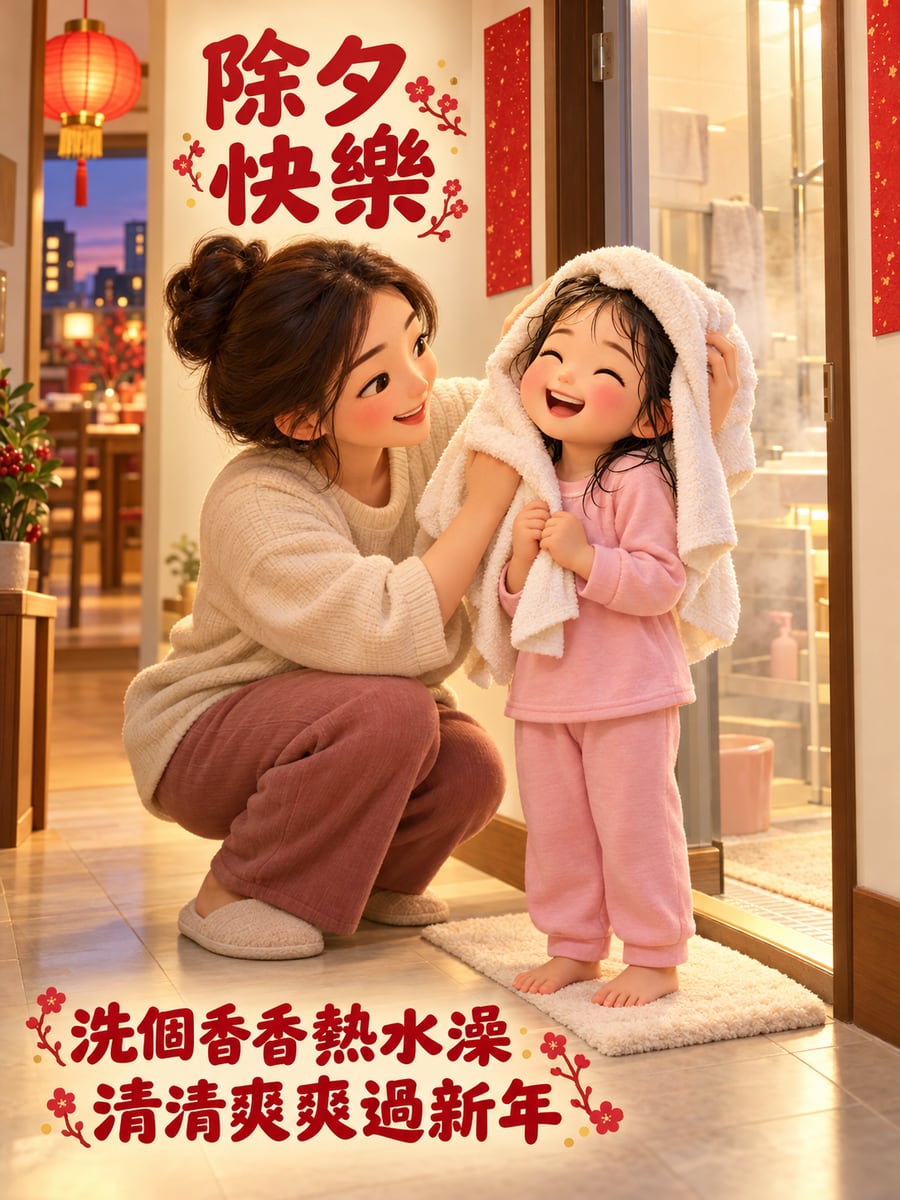 圍爐前洗個熱水澡。圖中文字：除夕快樂，洗個香香熱水澡，清清爽爽過新年