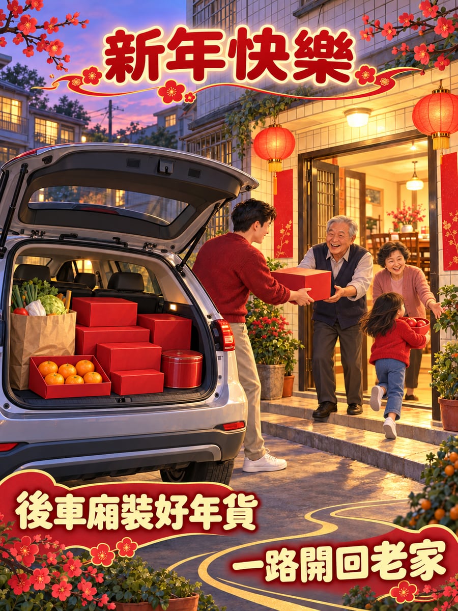 返鄉後車廂裝好年貨。圖中文字：新年快樂，後車廂裝好年貨，一路開回老家