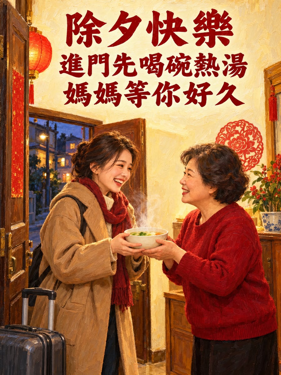 一進門媽媽端來熱湯。圖中文字：除夕快樂，進門先喝碗熱湯，媽媽等你好久