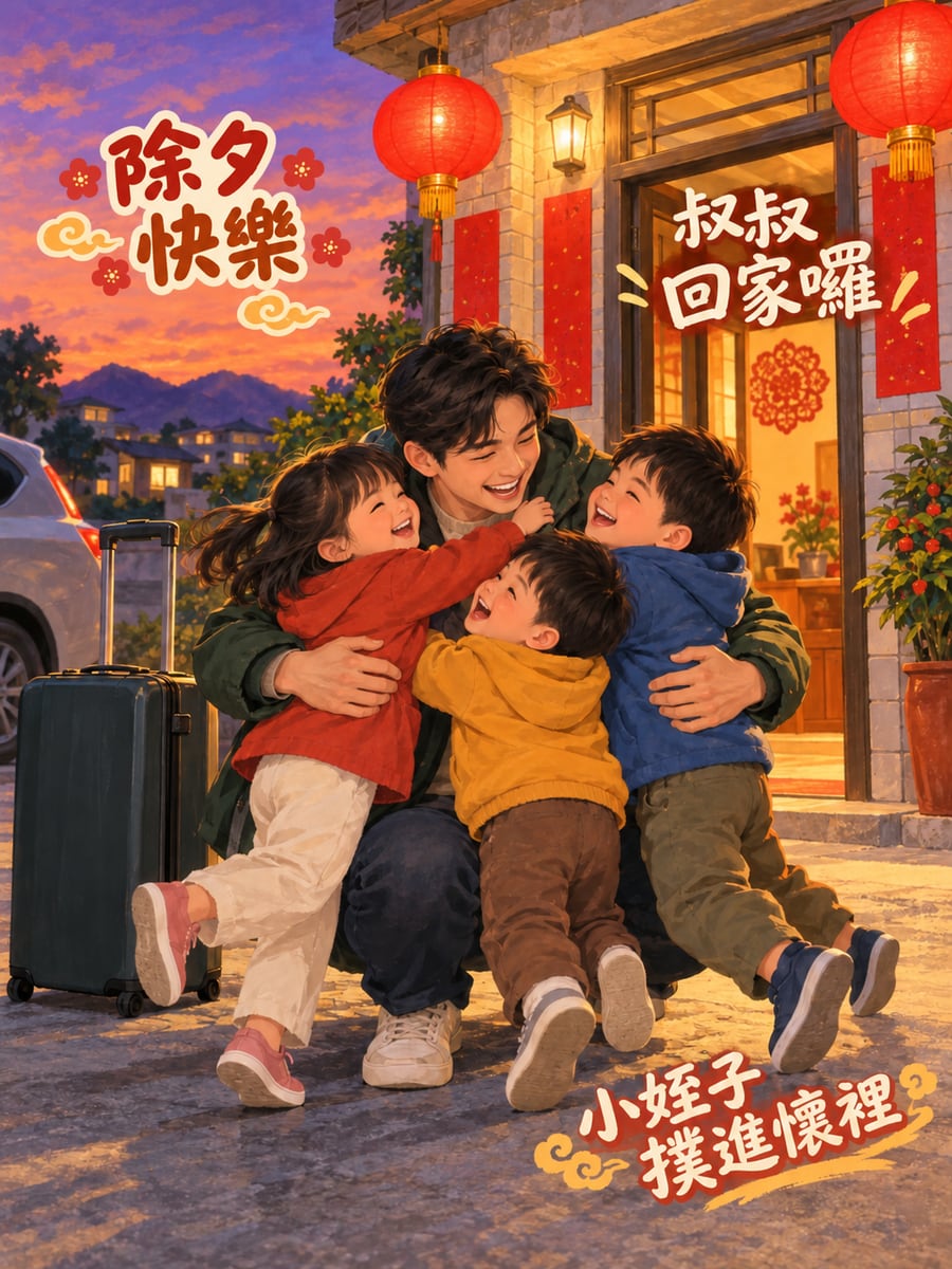 返鄉叔叔被姪子撲抱。圖中文字：除夕快樂，叔叔回家囉，小姪子撲進懷裡
