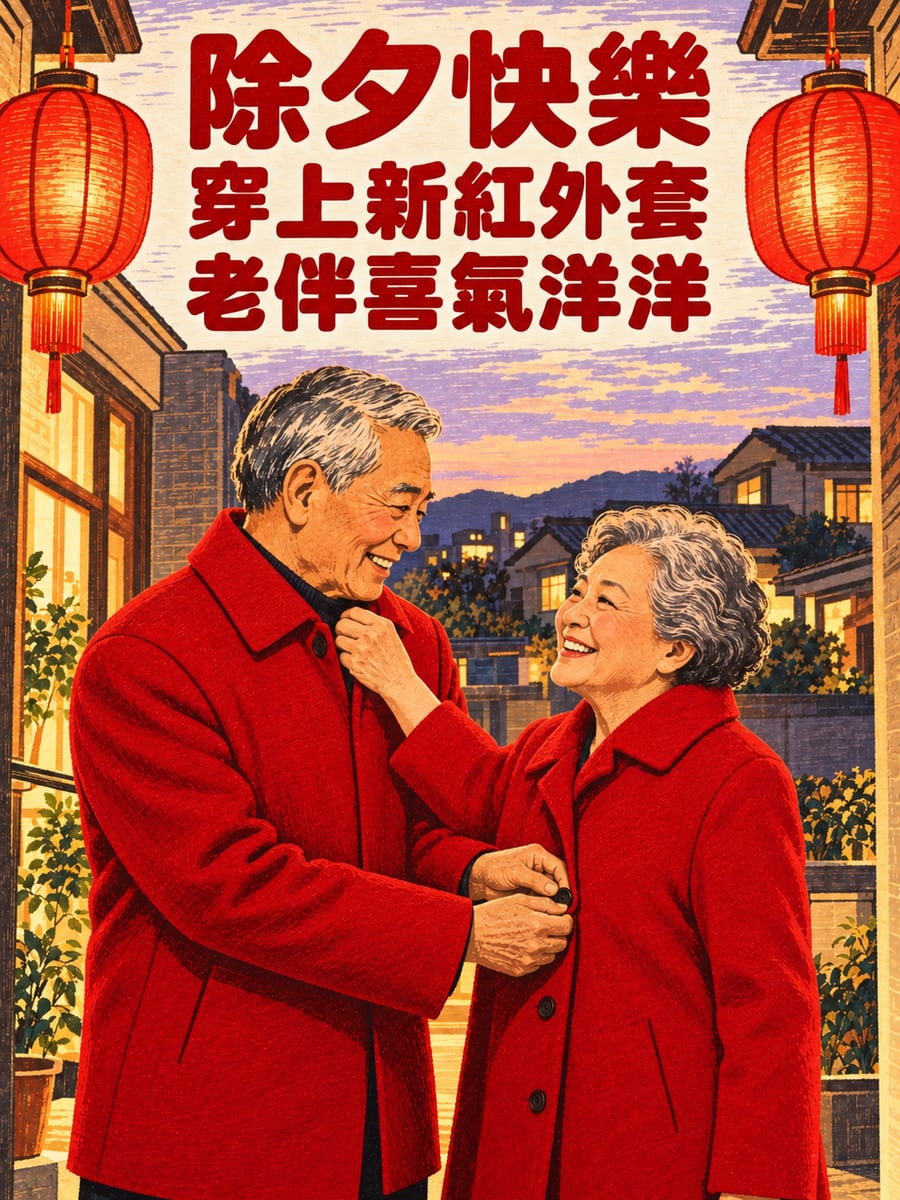 阿公阿嬤穿上新紅外套。圖中文字：除夕快樂，穿上新紅外套，老伴喜氣洋洋