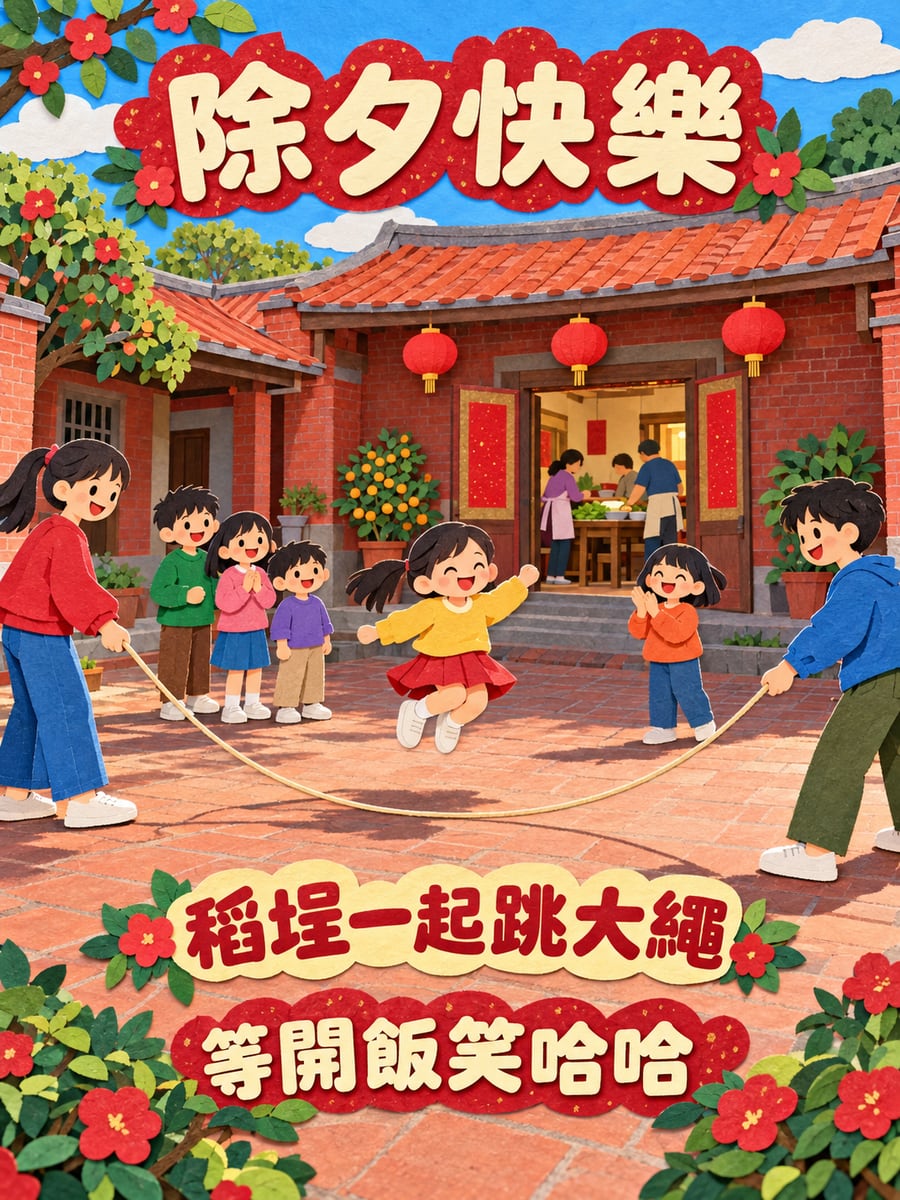 稻埕跳大繩等開飯。圖中文字：除夕快樂，稻埕一起跳大繩，等開飯笑哈哈
