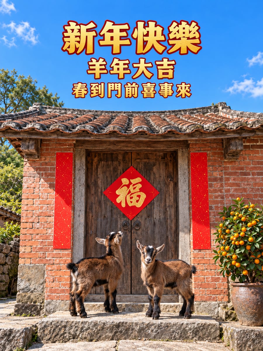 福字門前的兩隻小山羊。圖中文字：新年快樂，羊年大吉，春到門前喜事來