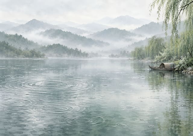 細雨中的水墨山湖，iPhone Duo 內螢幕桌布，圖上沒有文字