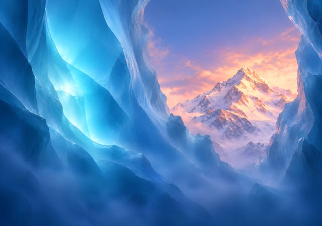 藍冰裂隙與夕照雪峰，iPhone Duo 內螢幕桌布，圖上沒有文字