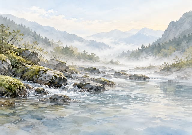 晨霧溪流與青苔石，iPhone Duo 內螢幕桌布，圖上沒有文字