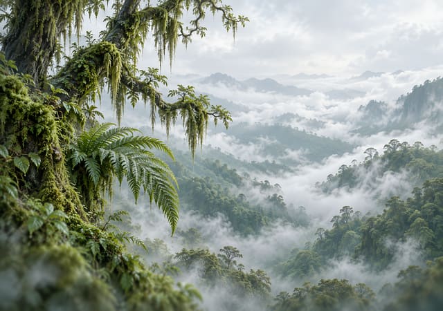 苔蘚老枝與雲霧林，iPhone Duo 內螢幕桌布，圖上沒有文字
