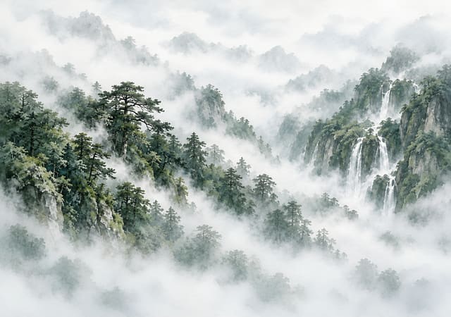 雨後松林升起的山嵐，iPhone Duo 內螢幕桌布，圖上沒有文字