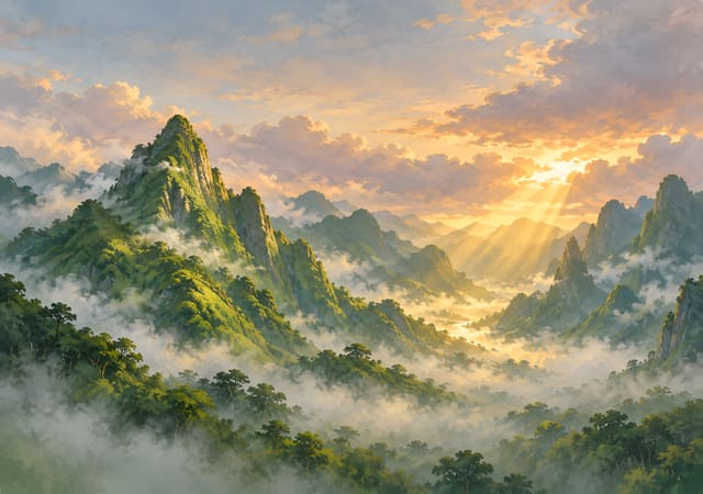 陽光穿雲的熱帶綠峰，iPhone Duo 內螢幕桌布，圖上沒有文字