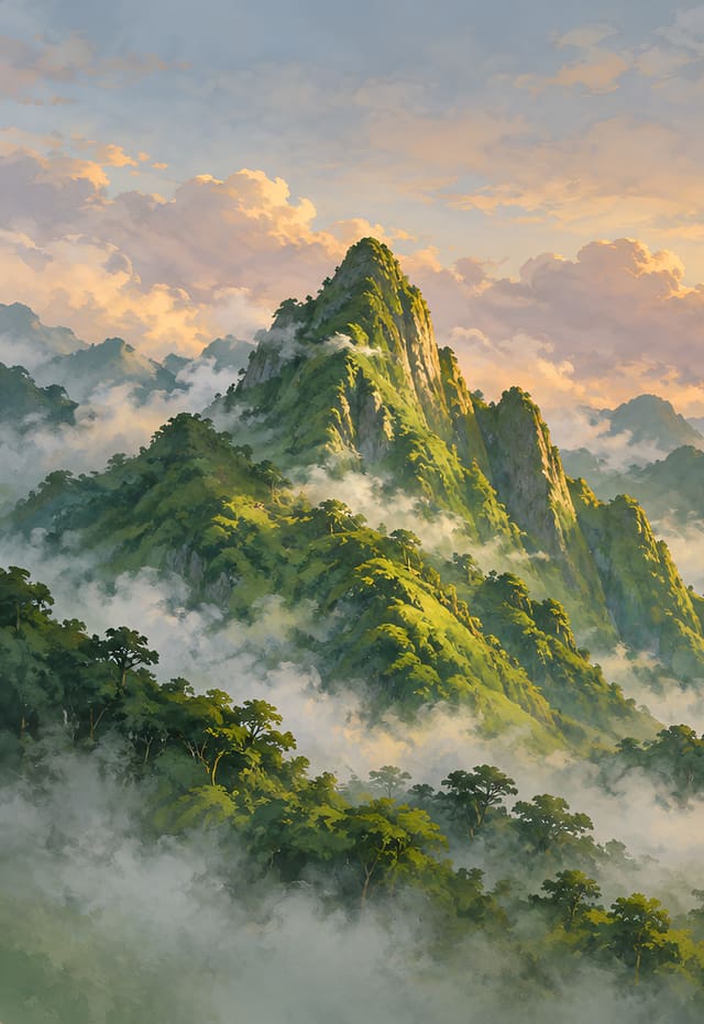 陽光穿雲的熱帶綠峰，iPhone Duo 外螢幕桌布，圖上沒有文字