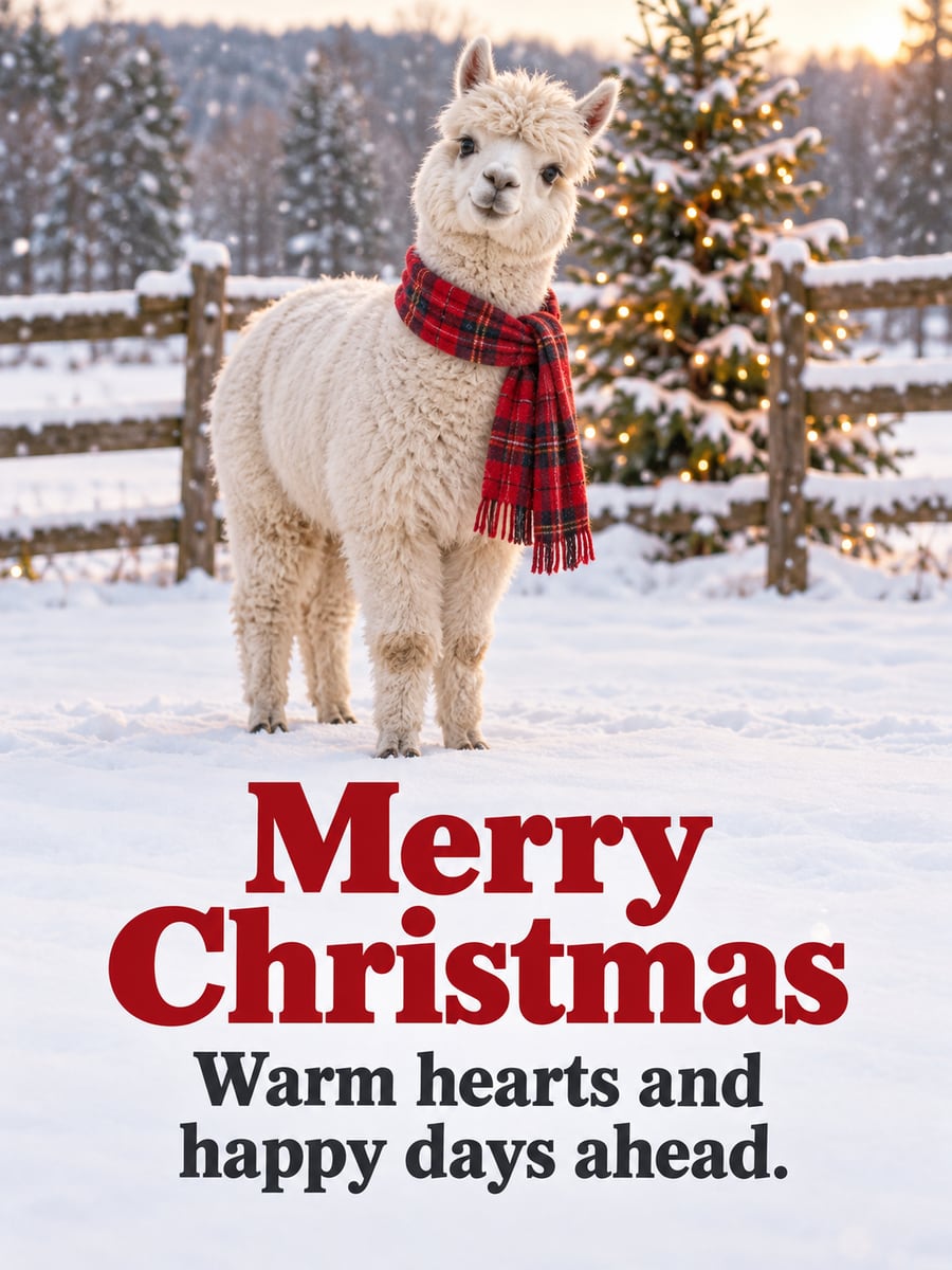 Christmas greeting image: alpaca, plaid scarf, snow, lights. It says “Merry Christmas” and “Warm hearts and happy days ahead.”