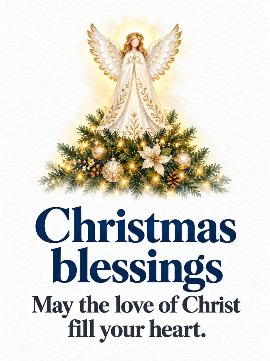 Christmas greeting image: angel, tree topper, Christmas tree, lights. It says “Christmas blessings” and “May the love of Christ fill your heart.”
