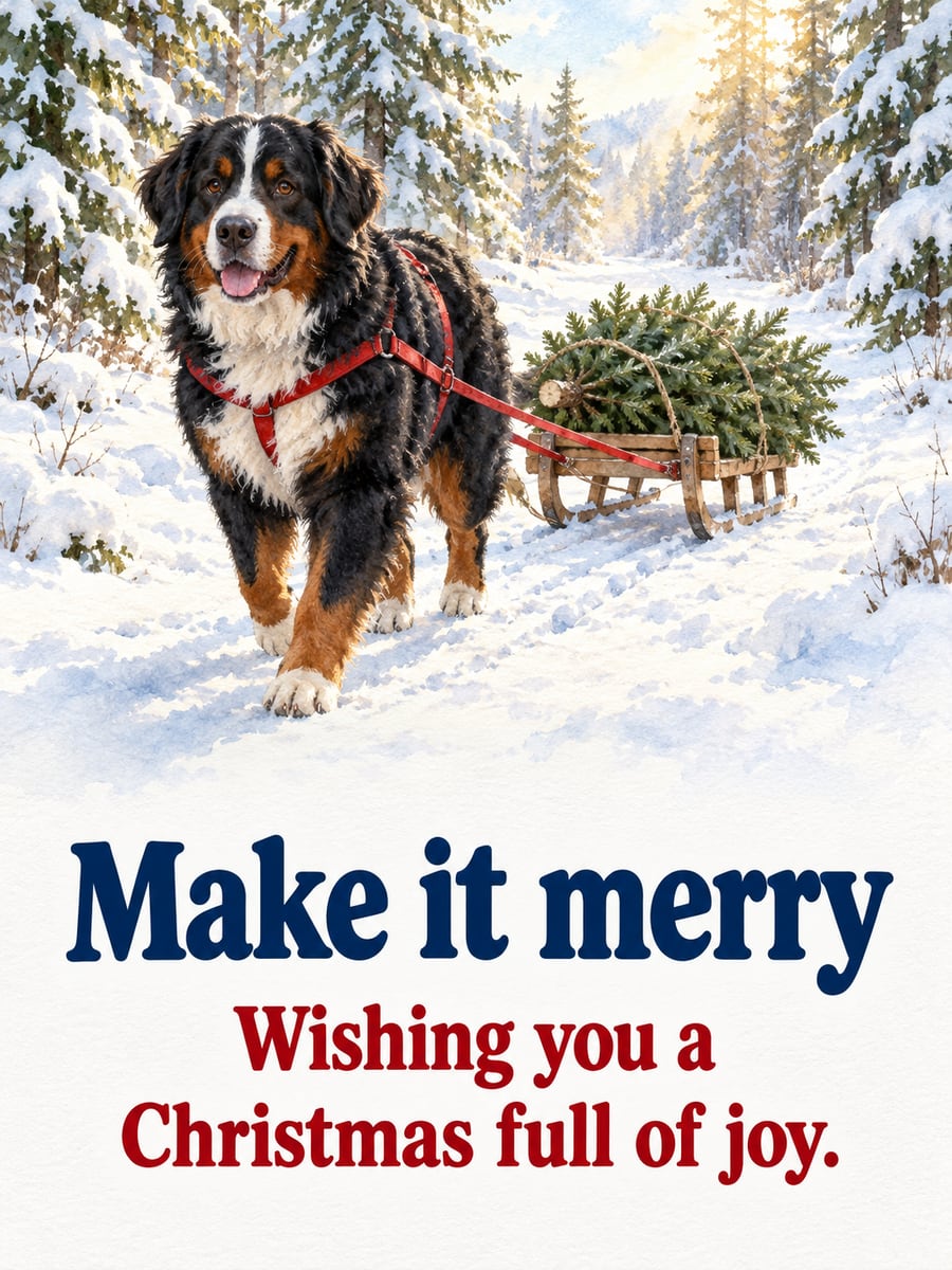 Christmas greeting image: Bernese mountain dog, sled, fir, snow. It says “Make it merry” and “Wishing you a Christmas full of joy.”