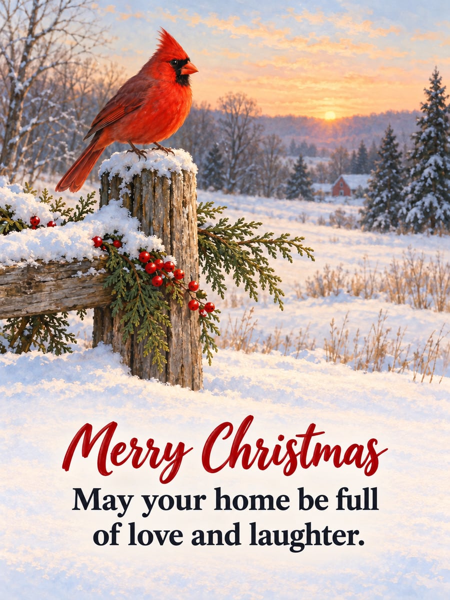 Christmas greeting image: cardinal, fence, snow, winterberry. It says “Merry Christmas” and “May your home be full of love and laughter.”