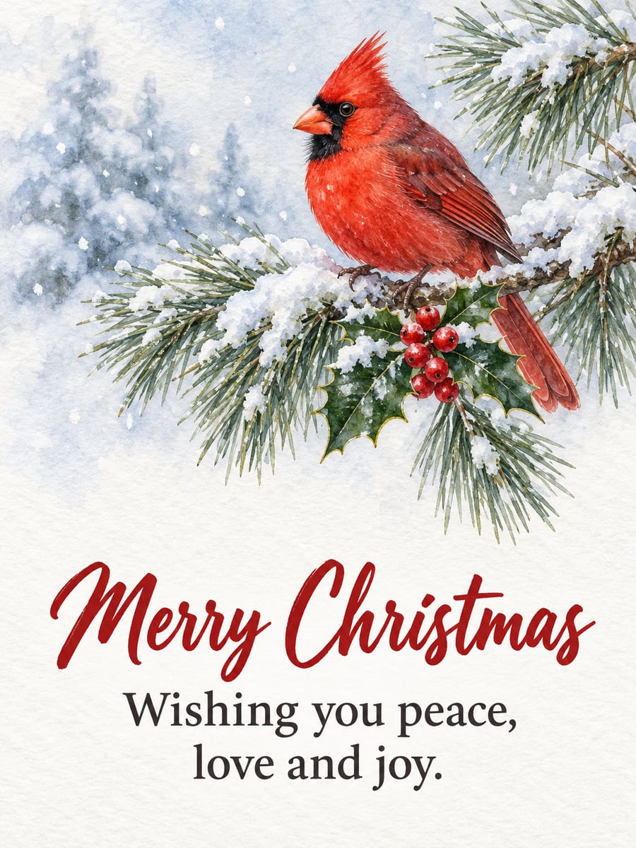Christmas greeting image: cardinal, snow, pine, holly. It says “Merry Christmas” and “Wishing you peace, love and joy.”