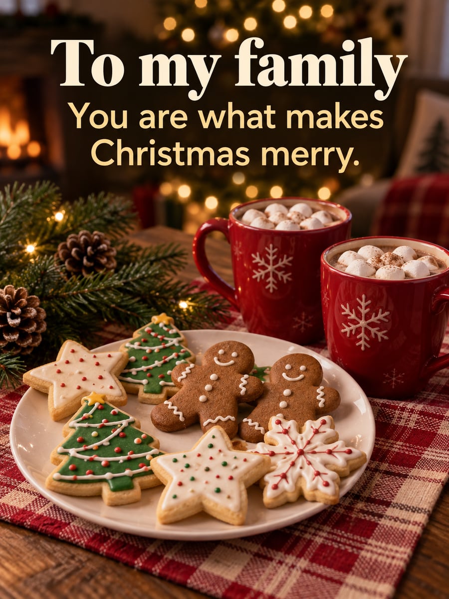 Christmas greeting image: sugar cookies, gingerbread men, hot cocoa, marshmallows, tree lights. It says “To my family” and “You are what makes Christmas merry.”