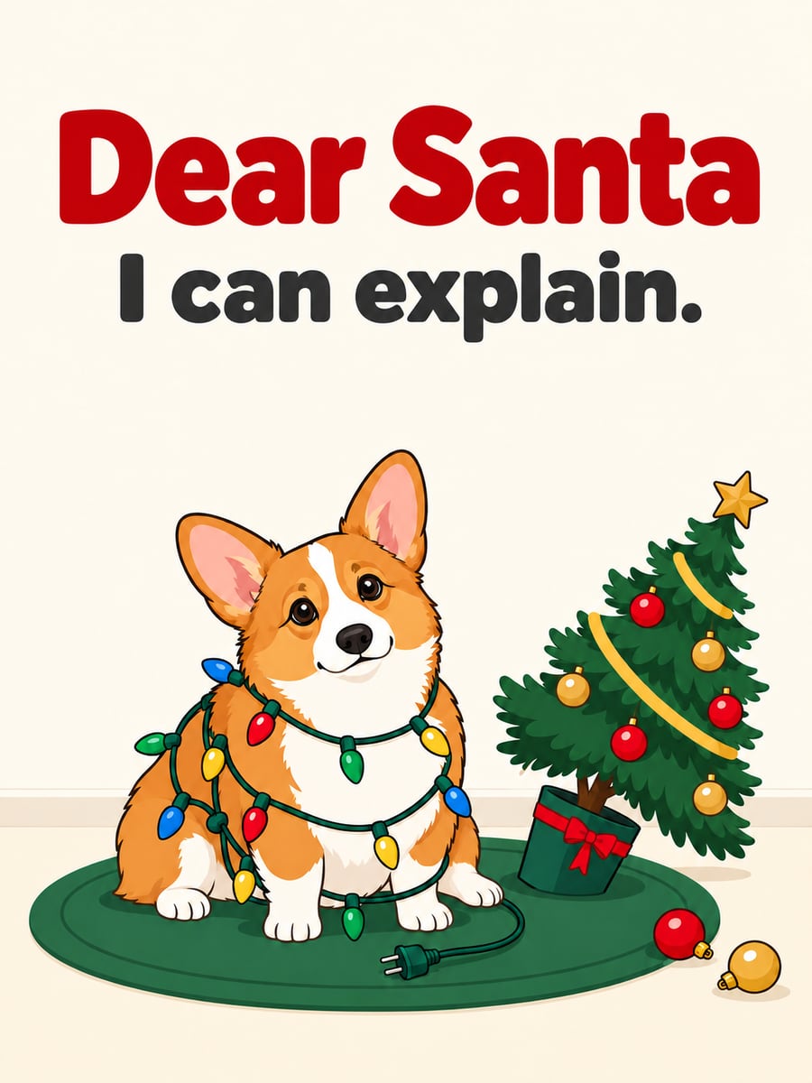 Christmas greeting image: corgi, string lights, Christmas tree, ornaments. It says “Dear Santa” and “I can explain.”