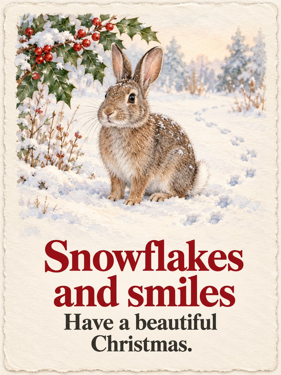 Christmas greeting image: cottontail rabbit, holly, snow. It says “Snowflakes and smiles” and “Have a beautiful Christmas.”