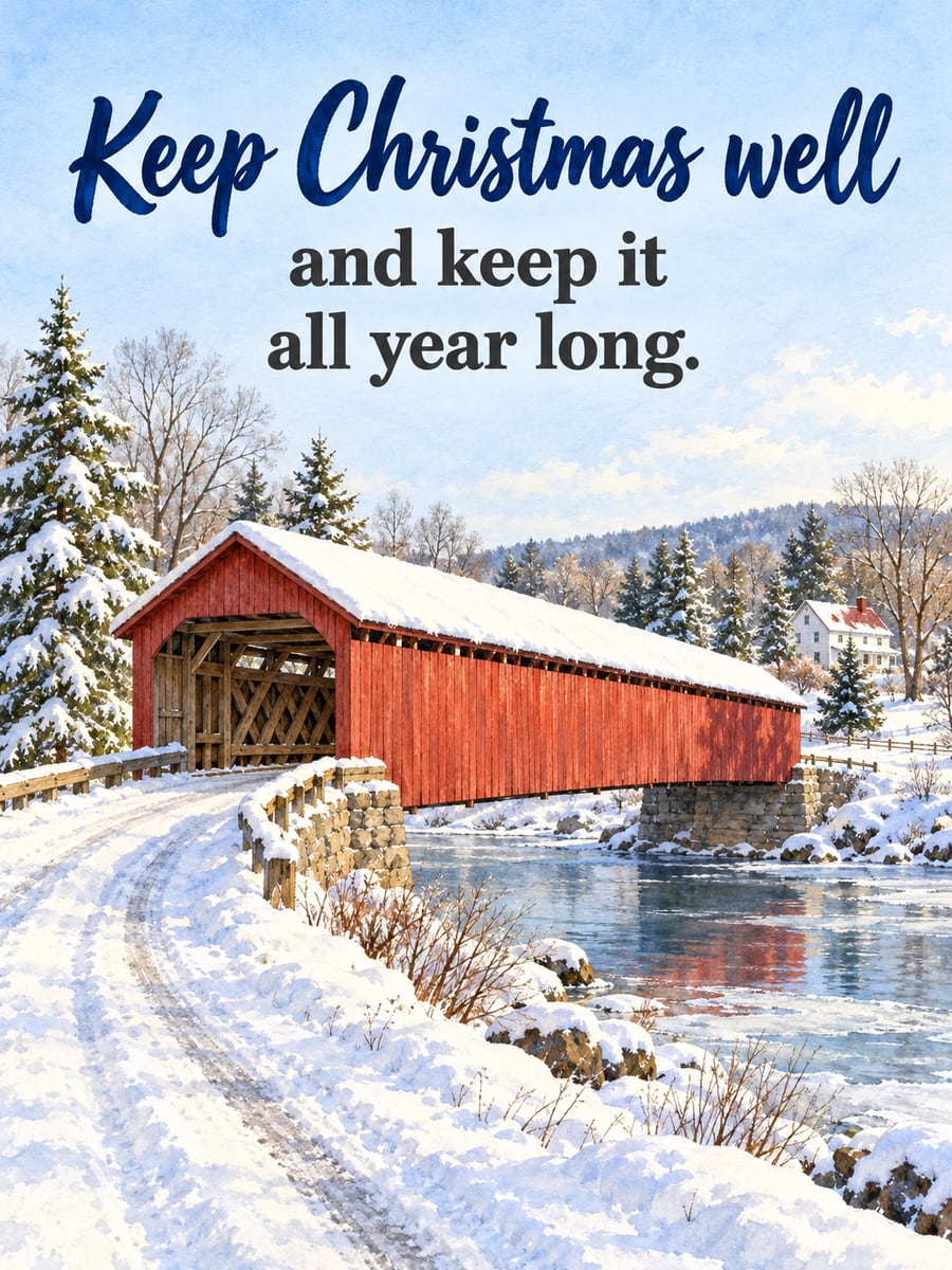 Christmas greeting image: covered bridge, river, snow, countryside. It says “Keep Christmas well” and “and keep it all year long.”