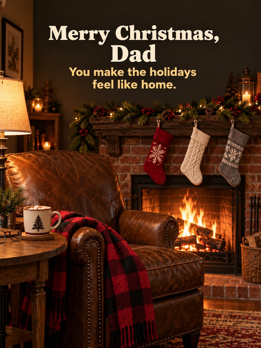Christmas greeting image: fireplace, armchair, stockings, hot cocoa. It says “Merry Christmas, Dad” and “You make the holidays feel like home.”