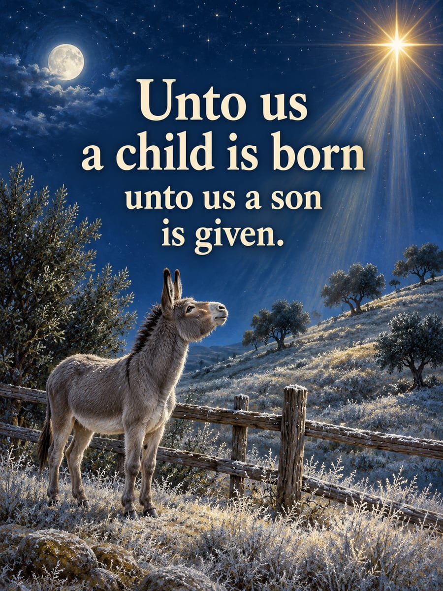 Christmas greeting image: donkey, star, night, fence. It says “Unto us a child is born” and “unto us a son is given.”