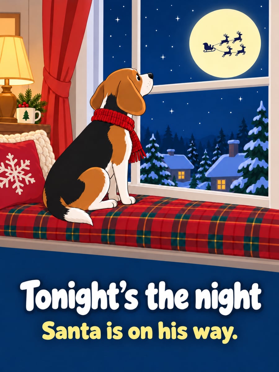 Christmas Eve greeting image: dog, beagle, moon, sleigh silhouette, window. It says “Tonight’s the night” and “Santa is on his way.”