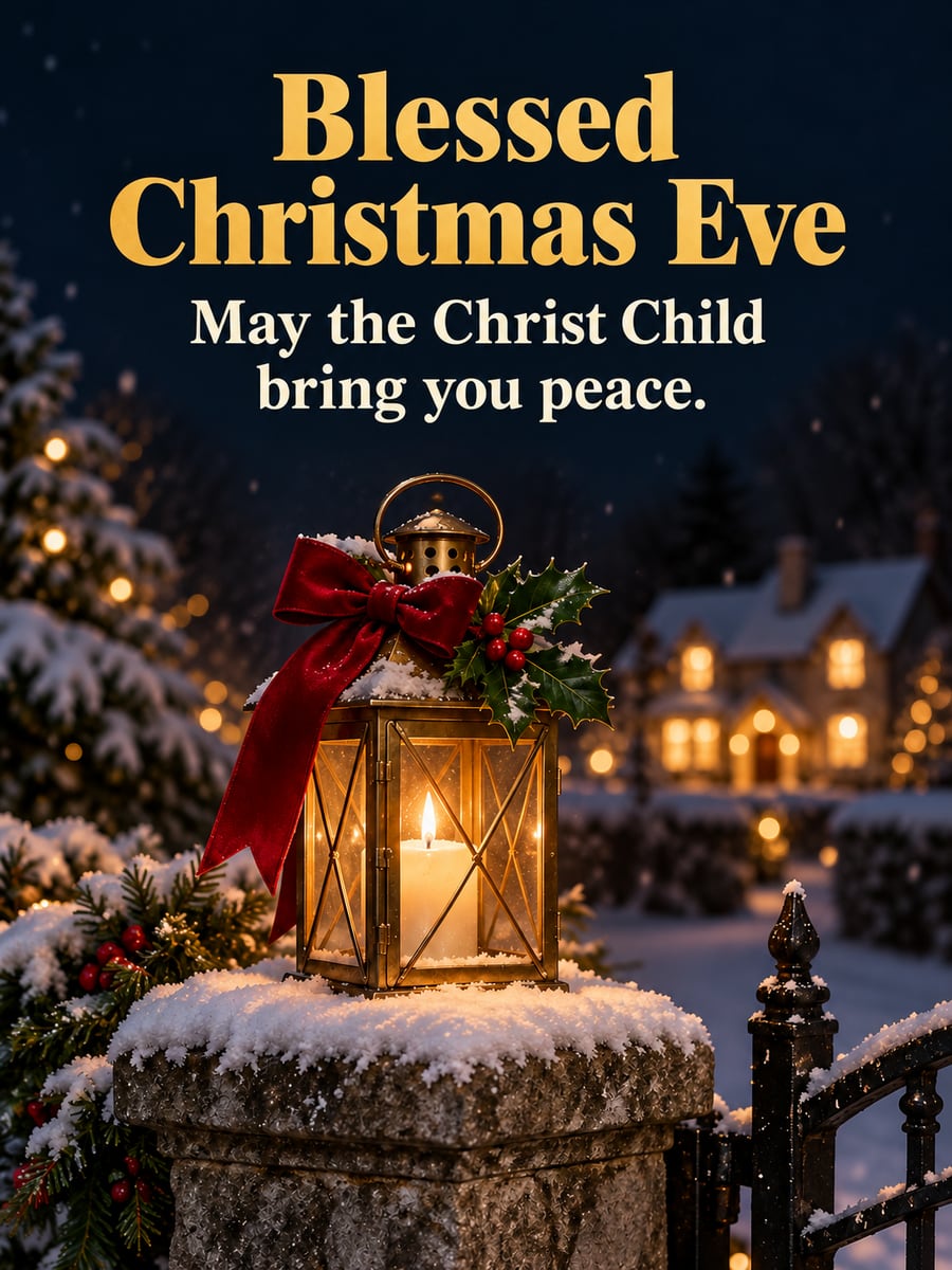 Christmas Eve greeting image: lantern, candle, holly, snow. It says “Blessed Christmas Eve” and “May the Christ Child bring you peace.”