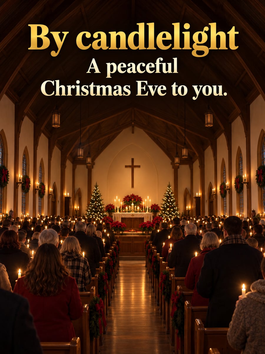 Christmas Eve greeting image: candlelight service, church, candles, poinsettias. It says “By candlelight” and “A peaceful Christmas Eve to you.”
