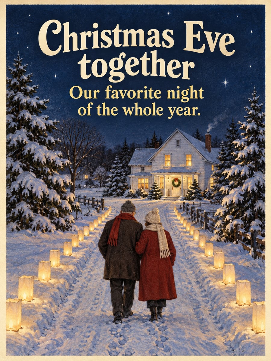 Christmas Eve greeting image: couple, luminarias, snowy lane, farmhouse. It says “Christmas Eve together” and “Our favorite night of the whole year.”