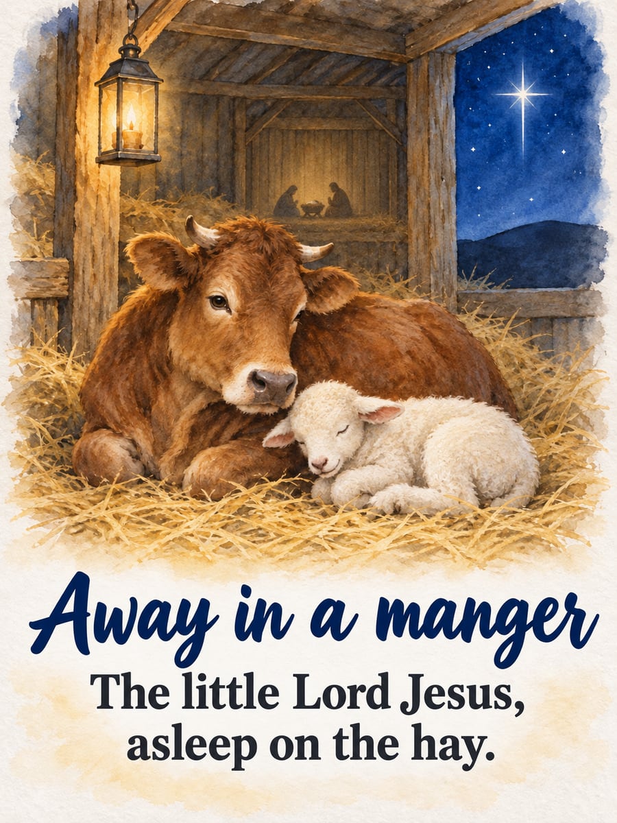 Christmas Eve greeting image: cow, lamb, stable, manger, star. It says “Away in a manger” and “The little Lord Jesus, asleep on the hay.”