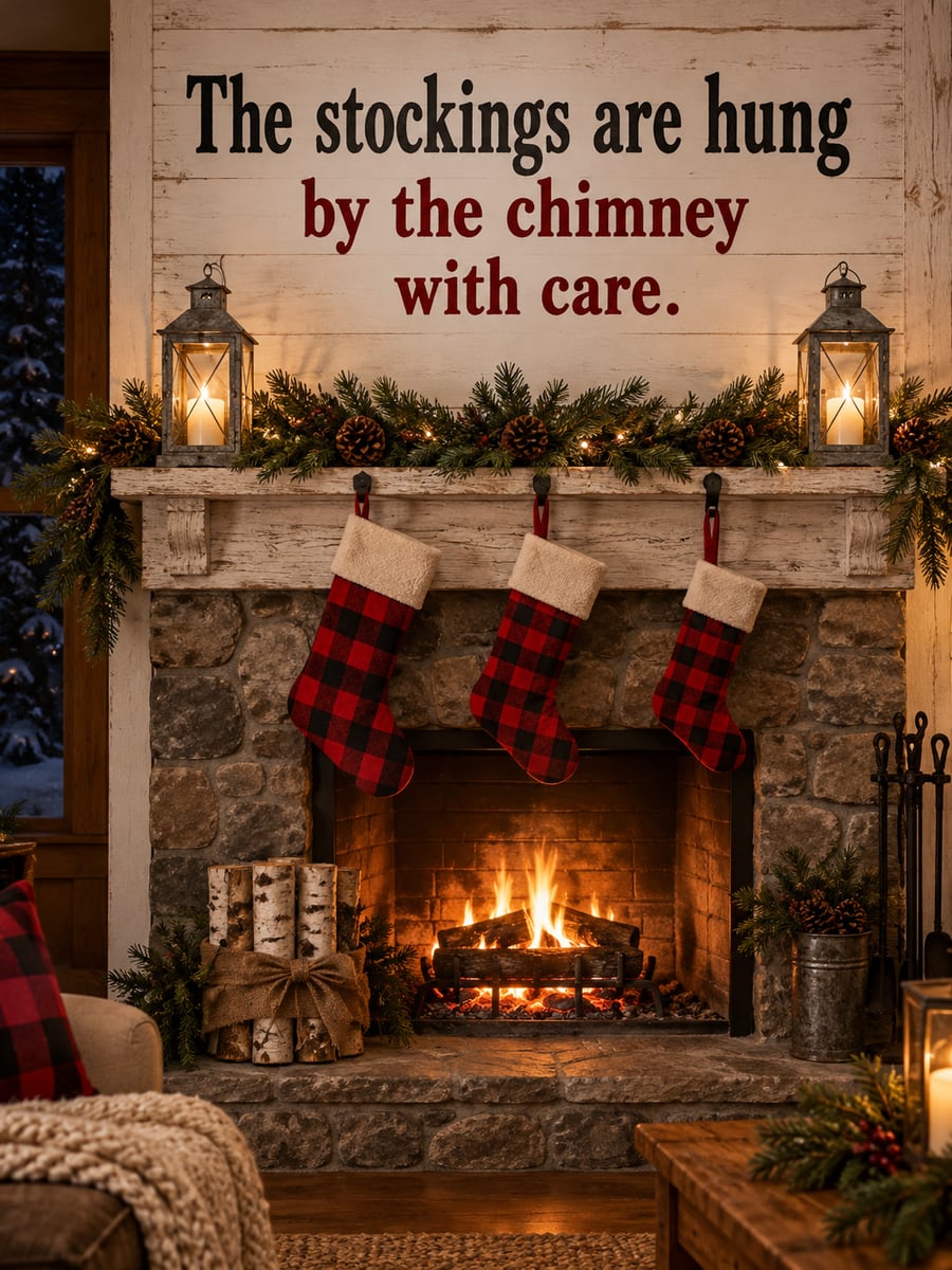 Christmas Eve greeting image: fireplace, stockings, buffalo check, lanterns, evergreen garland. It says “The stockings are hung” and “by the chimney with care.”