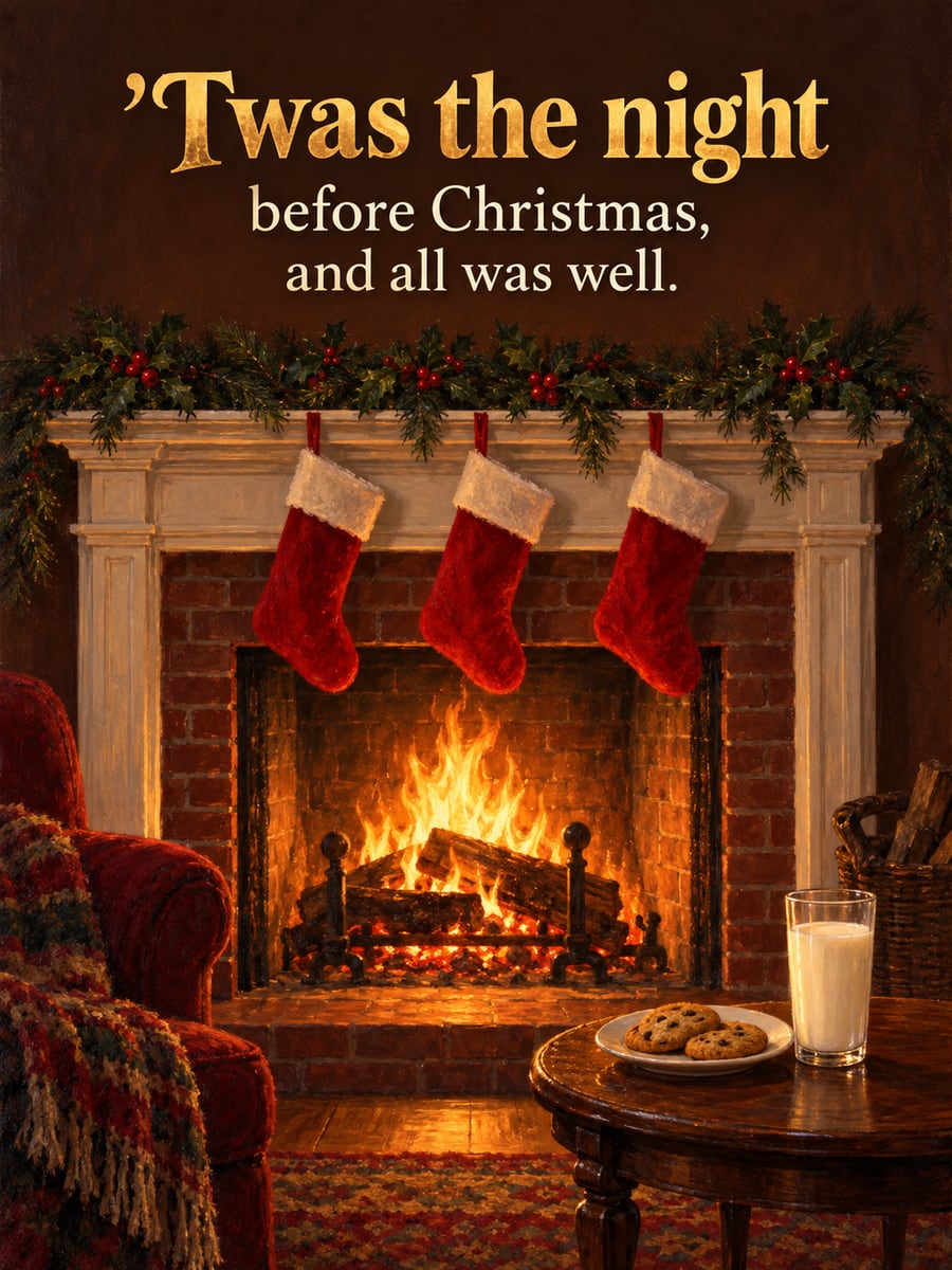 Christmas Eve greeting image: fireplace, stockings, cookies and milk, holly. It says “’Twas the night” and “before Christmas, and all was well.”