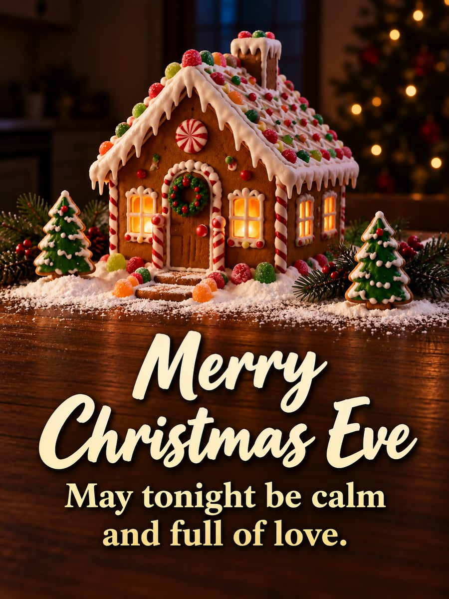 Christmas Eve greeting image: gingerbread house, icing, kitchen, night. It says “Merry Christmas Eve” and “May tonight be calm and full of love.”