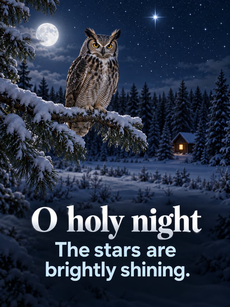 Christmas Eve greeting image: owl, pine, stars, snow. It says “O holy night” and “The stars are brightly shining.”