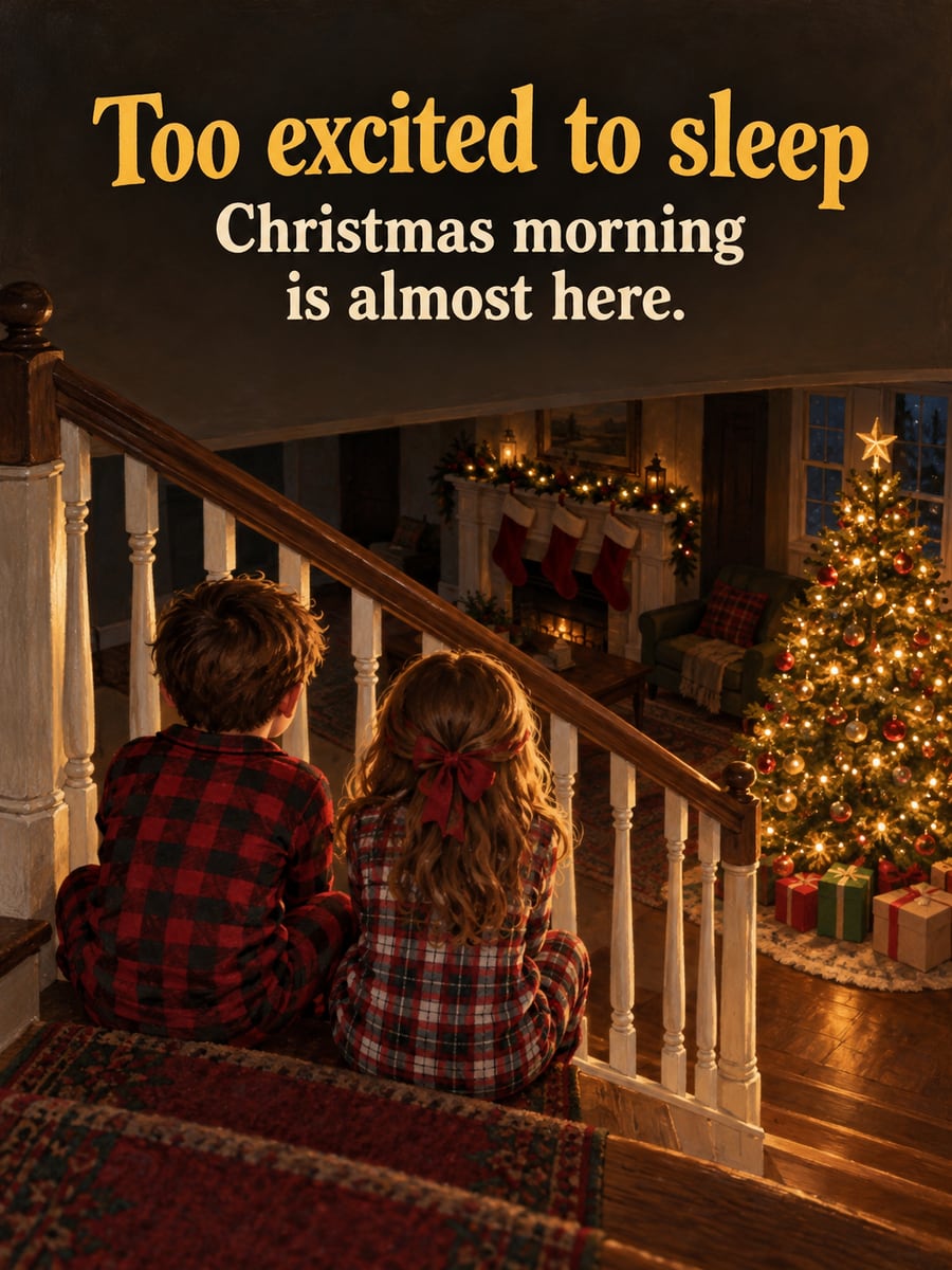 Christmas Eve greeting image: children, stairs, Christmas tree, stockings. It says “Too excited to sleep” and “Christmas morning is almost here.”