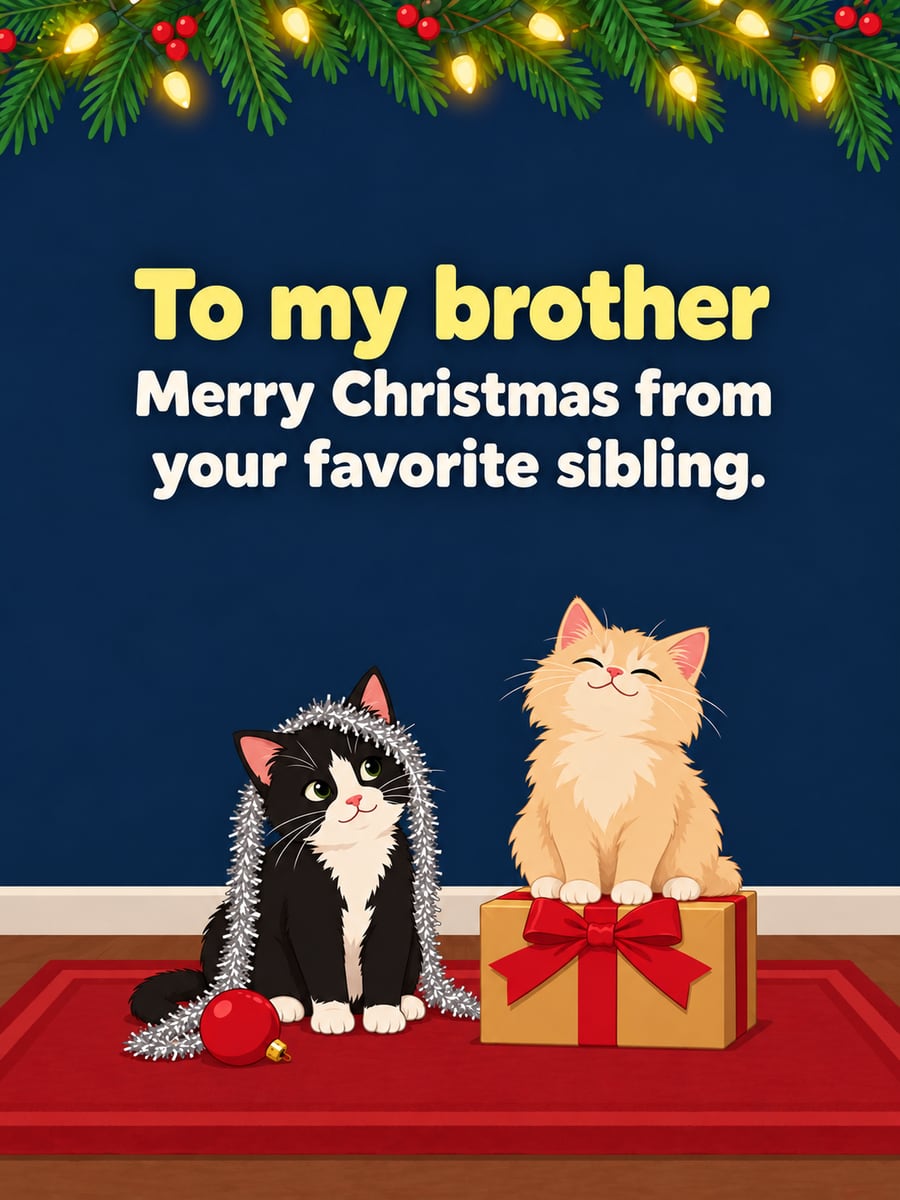 Christmas Eve greeting image: kittens, siblings, tinsel, present, Christmas tree. It says “To my brother” and “Merry Christmas from your favorite sibling.”