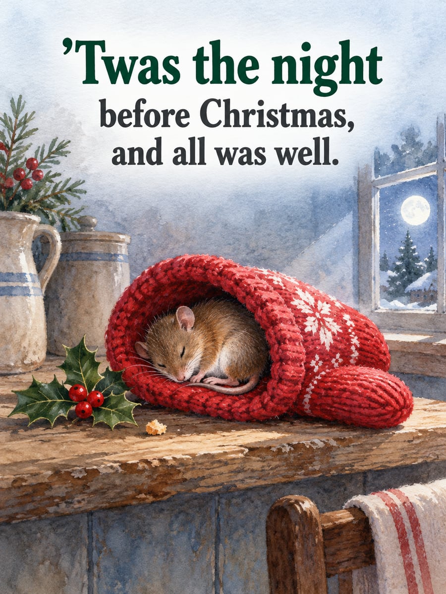 Christmas Eve greeting image: mouse, mitten, holly, moonlight. It says “’Twas the night” and “before Christmas, and all was well.”
