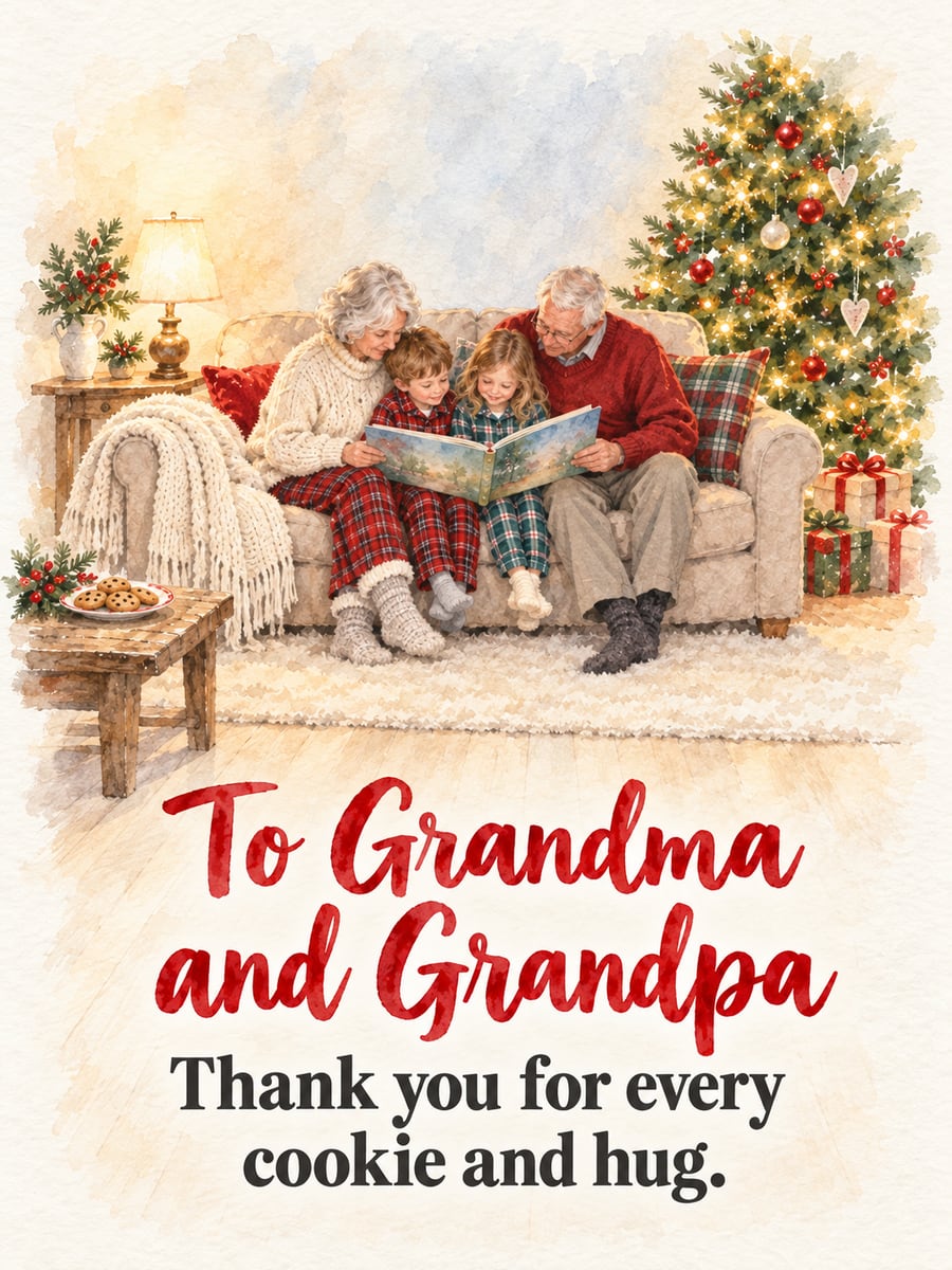 Christmas Eve greeting image: grandparents, grandchildren, pajamas, picture book, Christmas tree. It says “To Grandma and Grandpa” and “Thank you for every cookie and hug.”