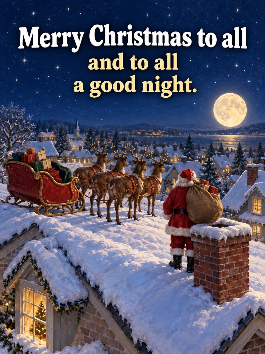 Christmas Eve greeting image: Santa, rooftop, chimney, sleigh, reindeer. It says “Merry Christmas to all” and “and to all a good night.”