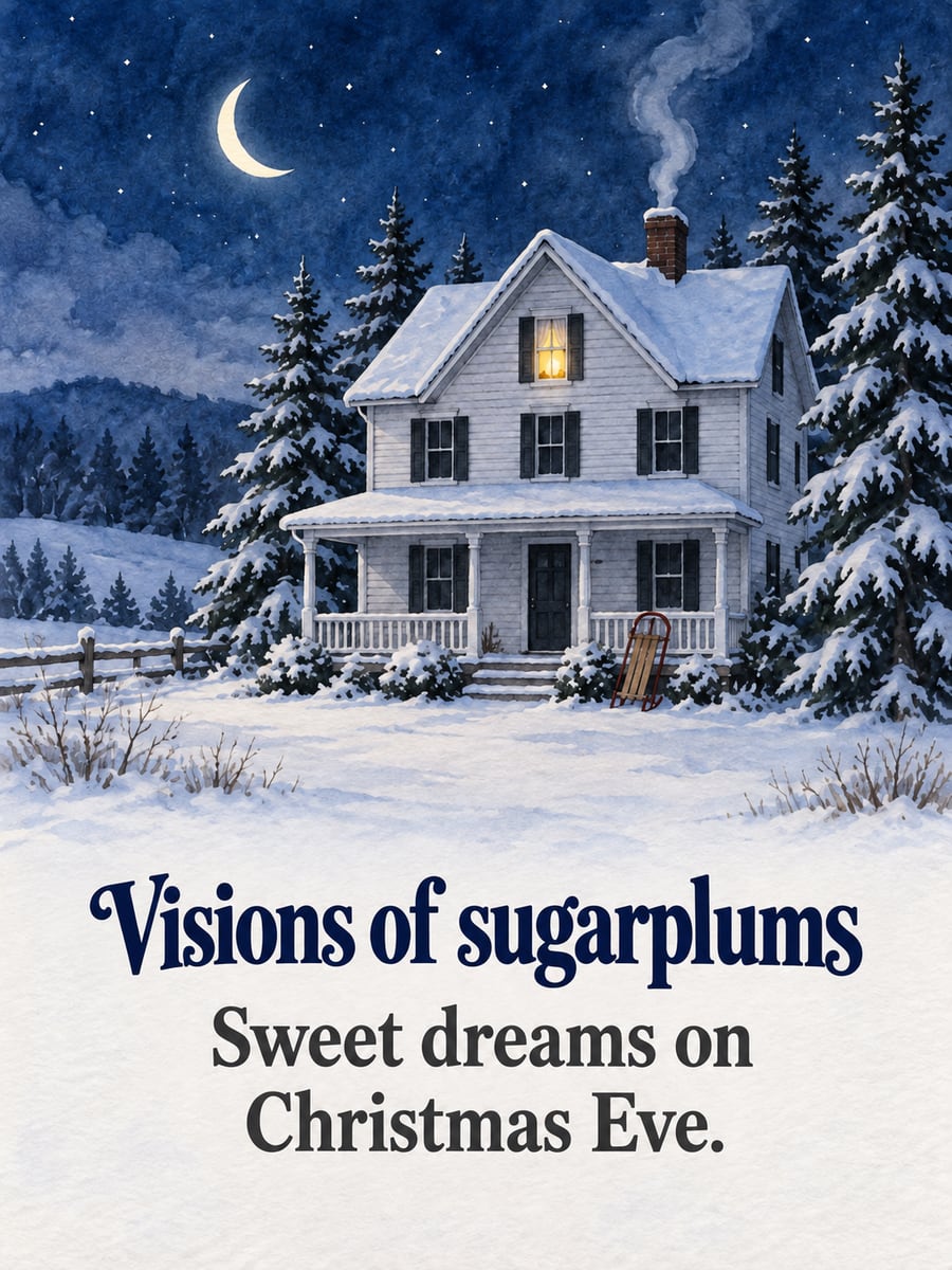 Christmas Eve greeting image: farmhouse, snow, crescent moon, night. It says “Visions of sugarplums” and “Sweet dreams on Christmas Eve.”