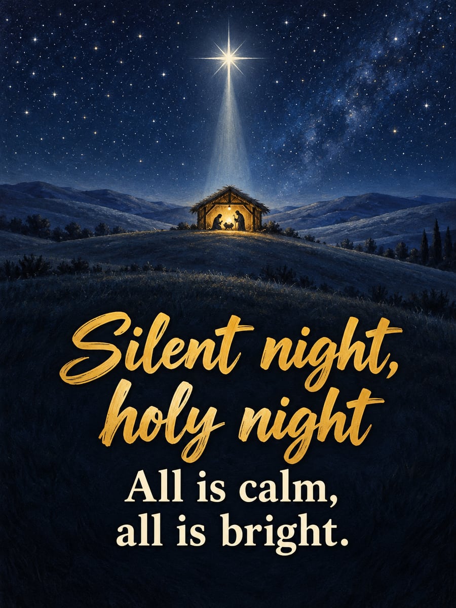 Christmas Eve greeting image: nativity, stable, star, starry sky. It says “Silent night, holy night” and “All is calm, all is bright.”