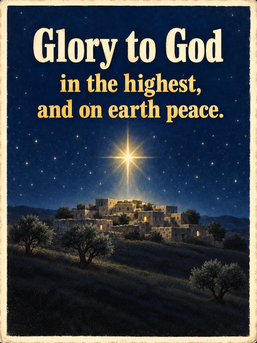 Christmas Eve greeting image: star, town, night sky. It says “Glory to God” and “in the highest, and on earth peace.”