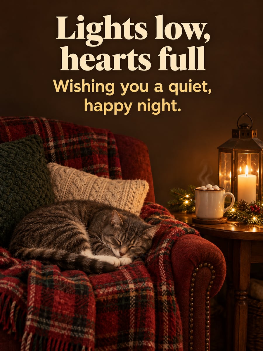 Christmas Eve greeting image: cat, armchair, candle lantern, hot cocoa. It says “Lights low, hearts full” and “Wishing you a quiet, happy night.”