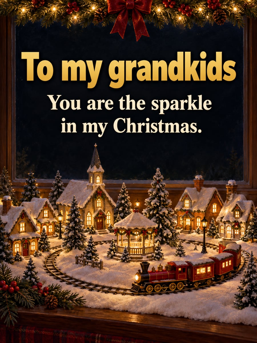 Christmas Eve greeting image: Christmas village, toy train, lights. It says “To my grandkids” and “You are the sparkle in my Christmas.”