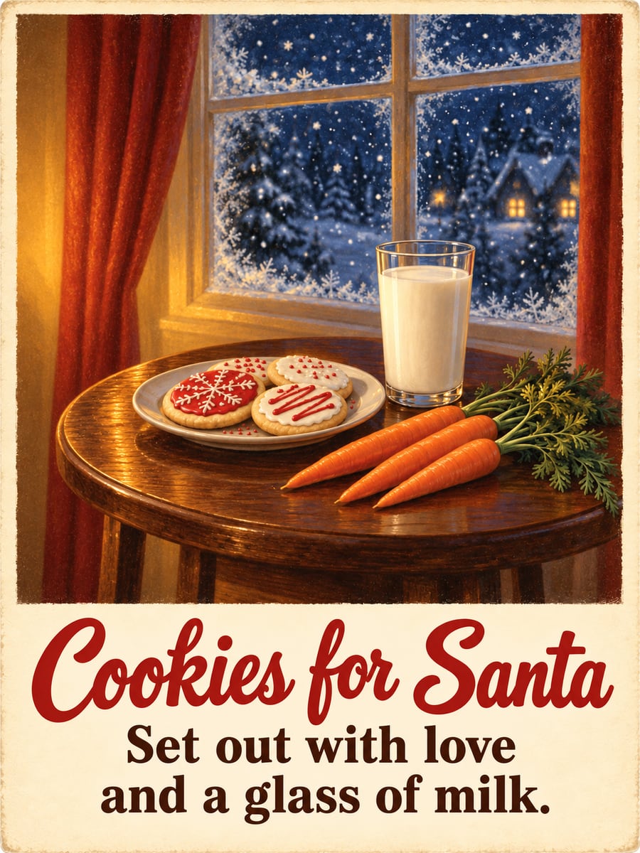 Christmas Eve greeting image: cookies, milk, carrots, candle, window. It says “Cookies for Santa” and “Set out with love and a glass of milk.”