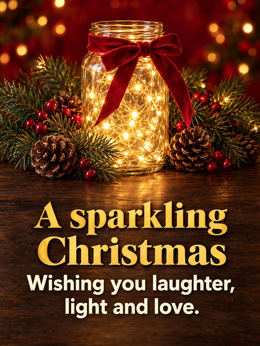 Christmas greeting image: fairy lights, jar, ribbon, pinecones. It says “A sparkling Christmas” and “Wishing you laughter, light and love.”