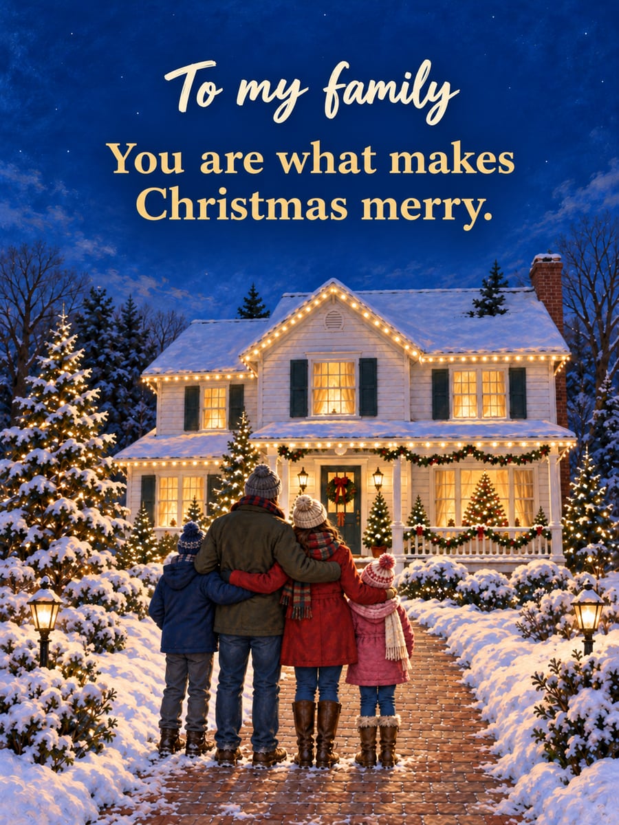 Christmas greeting image: family, house, string lights, snow. It says “To my family” and “You are what makes Christmas merry.”