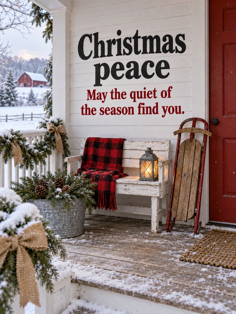 Christmas greeting image: porch, sled, lantern, buffalo check, snow. It says “Christmas peace” and “May the quiet of the season find you.”
