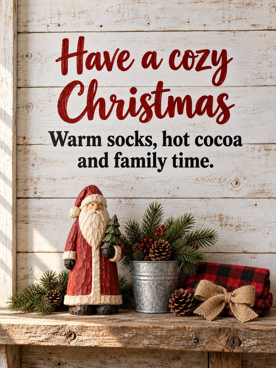 Christmas greeting image: Santa, folk art, farmhouse, buffalo check. It says “Have a cozy Christmas” and “Warm socks, hot cocoa and family time.”